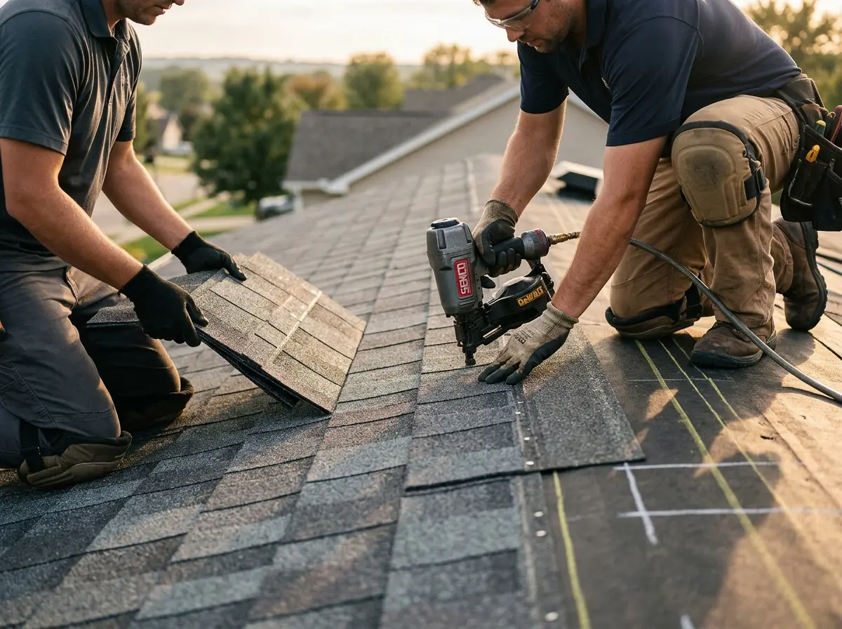 Professional roofer working on a residential roof in Genesee
